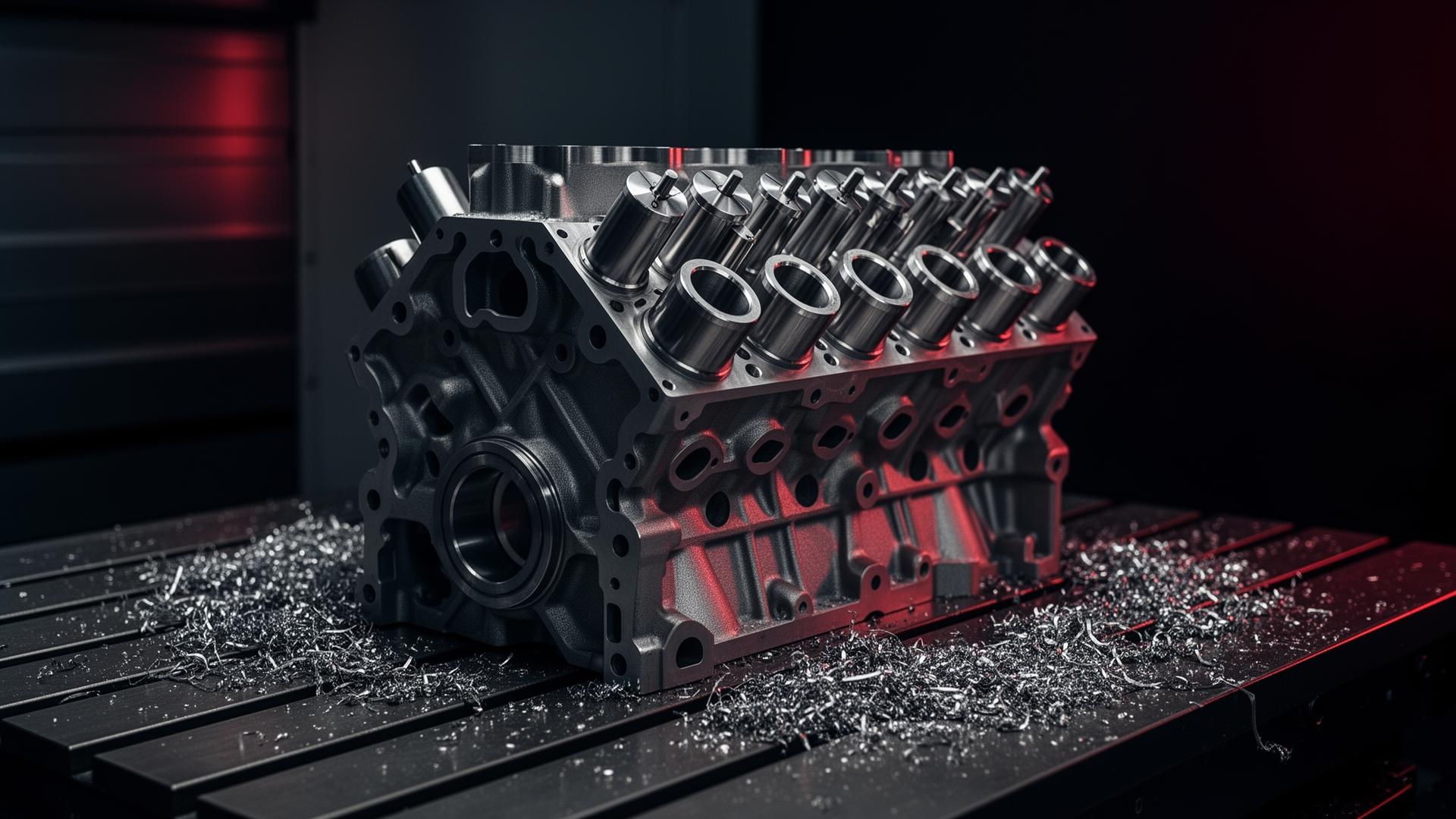 Precision-machined engine block on a CNC bed